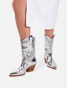 Женские ботинки казаки MIRATON кожаные серебряного цвета - фото  - Miraton