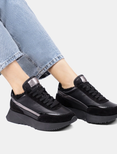 Жіночі кросівки чорні шкіряні з підкладкою із натурального хутра фото 1