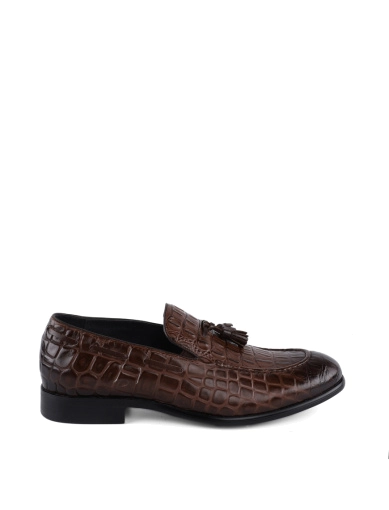 Мужские туфли лоферы кожаные коричневые с тиснением крокодил фото 1