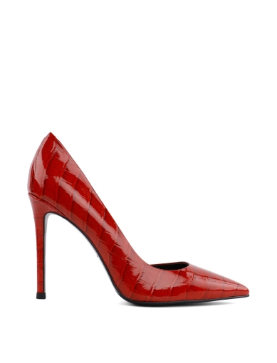 Женские туфли лодочки кожаные красные с тиснением крокодил фото 1