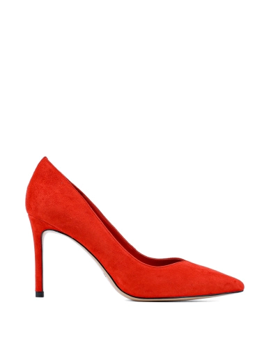 Жіночі туфлі з гострим носком червоні велюрові фото 1