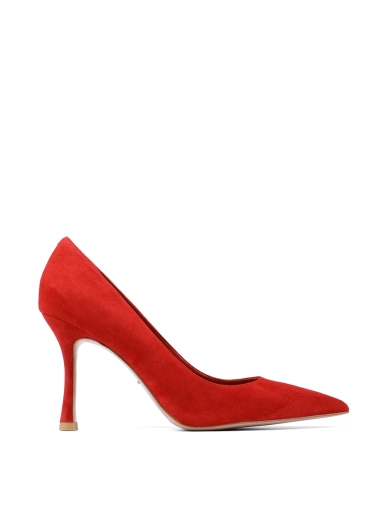 Жіночі туфлі з гострим носком червоні велюрові фото 1