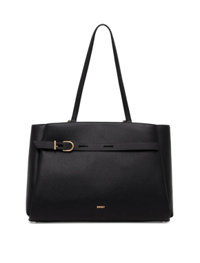 Женская сумка тоут DKNY кожаная черная с декоративным ремнем - фото  - Miraton