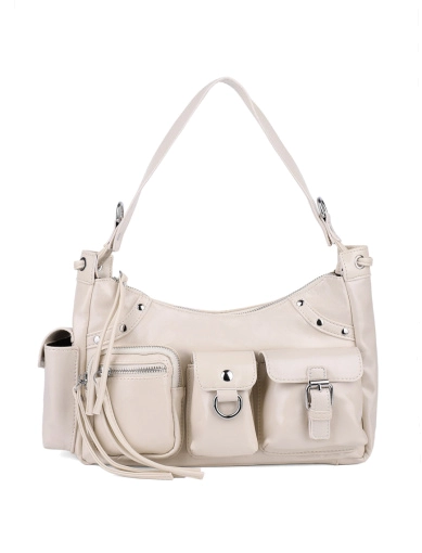 Жіноча сумка карго MIRATON з екошкіри молочного кольору з накладними кишенями фото 1