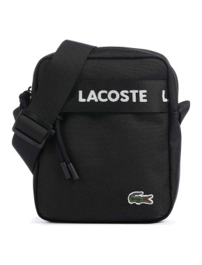 Чоловіча сумка через плече Lacoste тканинна чорна з логотипом - фото 1 - Miraton