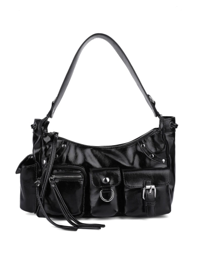 Жіноча сумка карго MIRATON з екошкіри чорна з накладними кишенями фото 1
