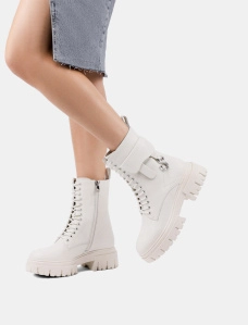 Женские ботинки берцы молочные кожаные с подкладкой байка - фото  - Miraton