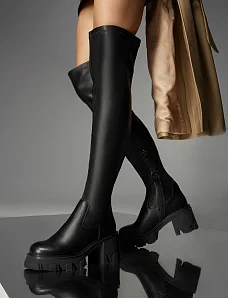 Жіночі ботфорти MIRATON шкіряні чорні з підкладкою з натурального хутра - фото  - Miraton