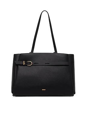 Жіноча сумка тоут DKNY шкіряна чорна з декоративним ременем - фото  - Miraton