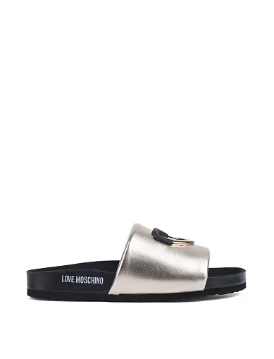 Женские шлепанцы Love Moschino кожаные золотого цвета - фото 1 - Miraton