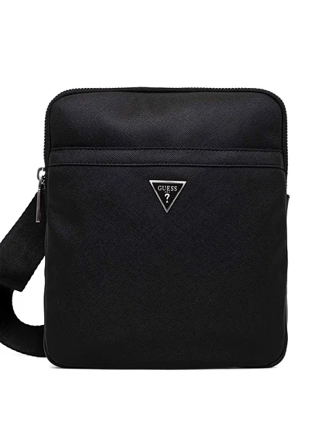 Мужская сумка мессенджер Guess из экокожи черная с логотипом - фото 1 - Miraton
