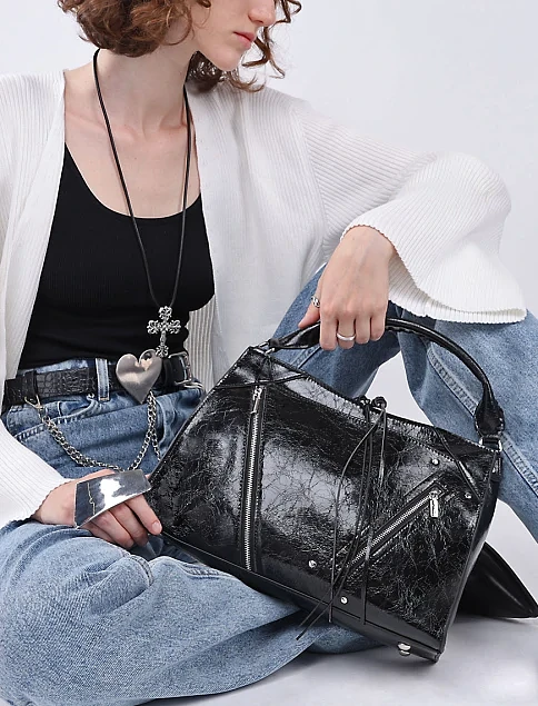 Женская сумка тоут MIRATON кожаная черная - фото 2 - Miraton