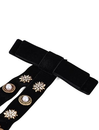 Брошка бант тканинна чорна з камінням і намистинами - фото 2 - Miraton