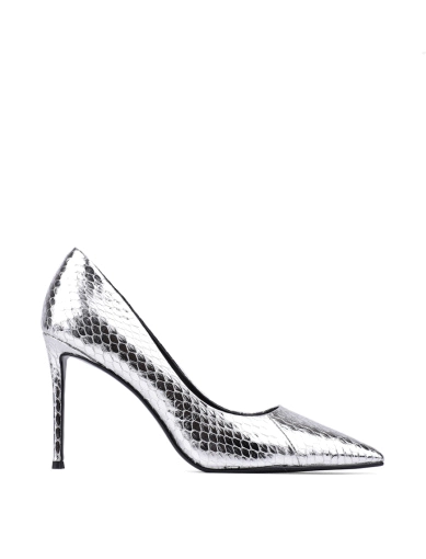 Женские туфли с острым носком серебряные из кожи змеи фото 1
