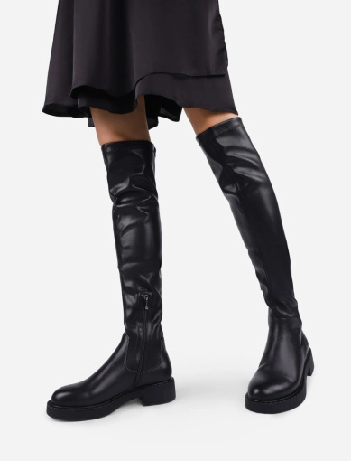 Женские ботфорты чулки черные кожаные с подкладкой из натурального меха фото 1
