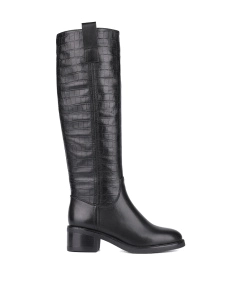 Женские сапоги черные кожаные с подкладкой из натурального меха с тиснением крокодил - фото  - Miraton